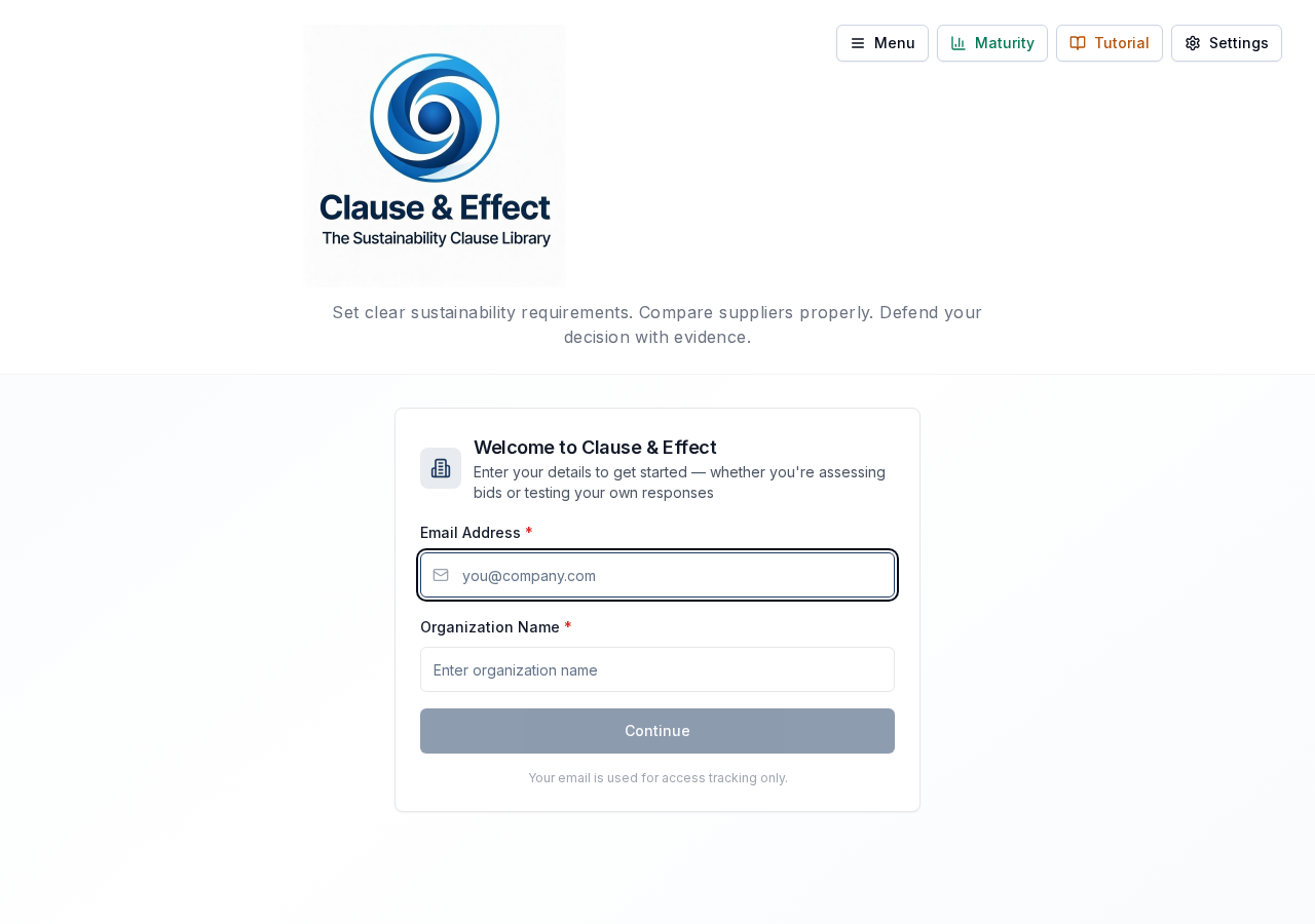 Welcome screen showing email and organisation name fields